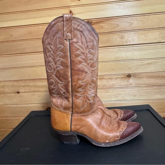 J Chisholm Tan & Brown Stitched Leather Men’s Cowboy Boots USA Made Size 7.5D